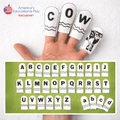 Hand with finger sleeves spelling 'COW' and a chart of letters below on a white background.