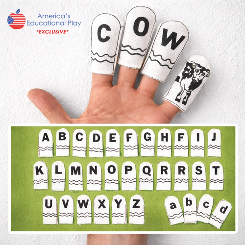 Hand with finger sleeves spelling 'COW' and a chart of letters below on a white background.