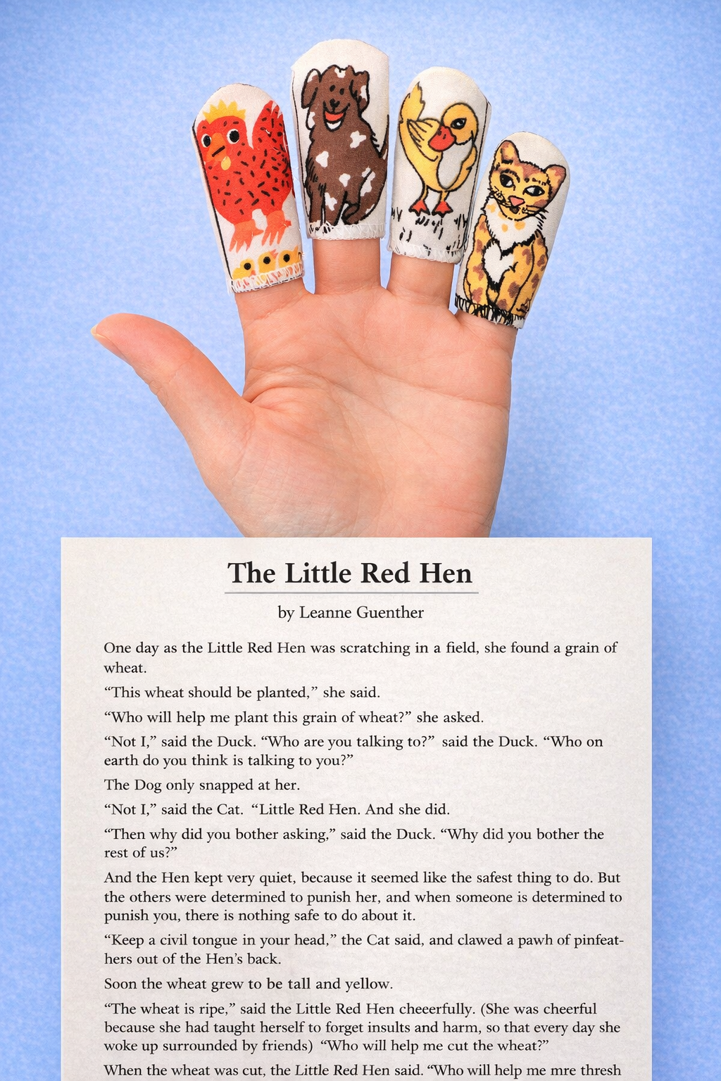 "LITTLE RED HEN" + STORY - Set of 4 finger puppets