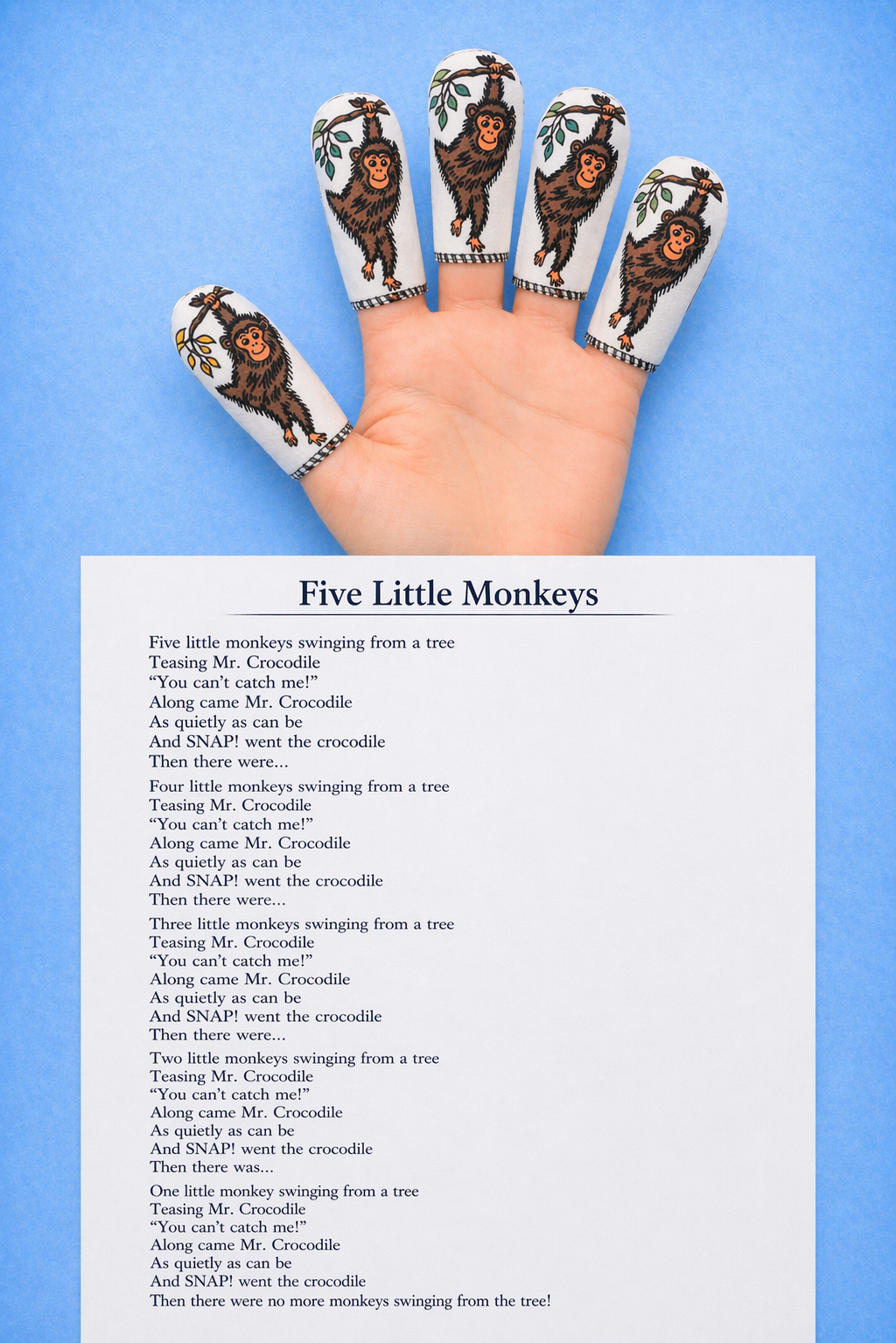 "FIVE LITTLE MONKEYS" + STORY - Set of 5 finger puppets