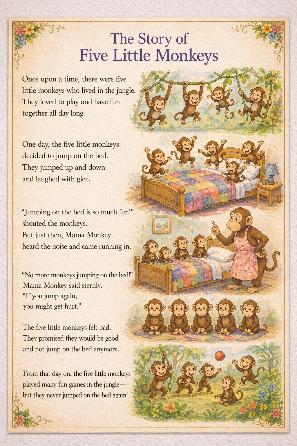"FIVE LITTLE MONKEYS" + STORY - Set of 5 finger puppets