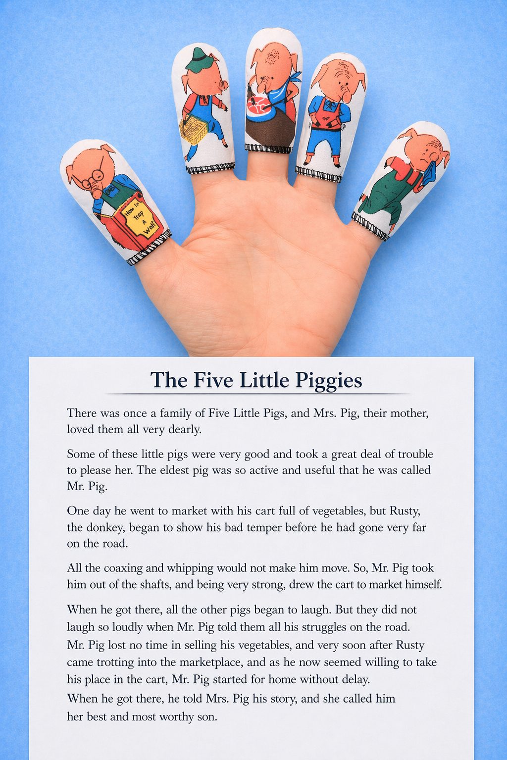 "FIVE LITTLE PIGGIES" + STORY - Set of 5 finger puppets