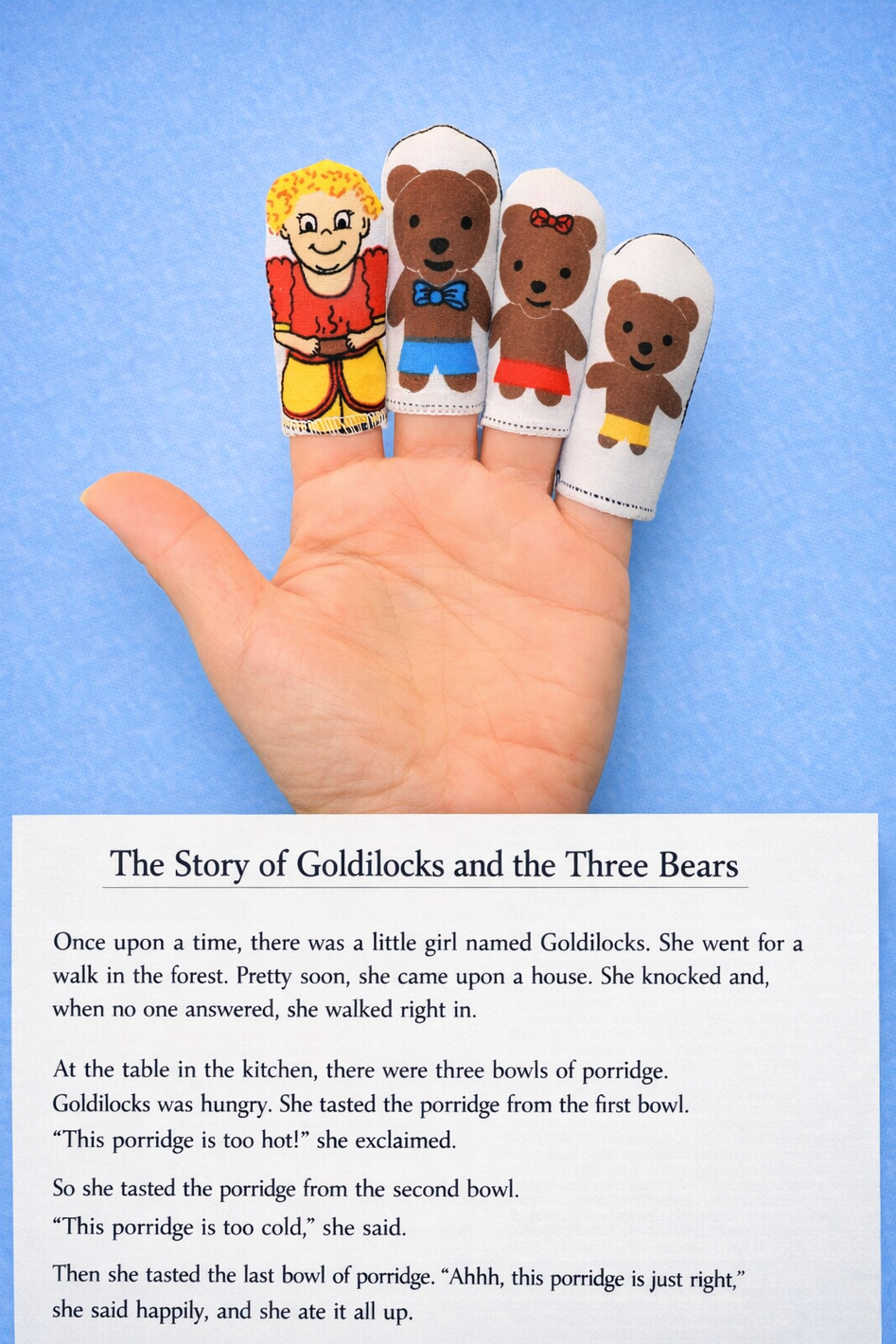"GOLDILOCKS AND THE THREE LITTLE BEARS" + STORY - Set of 4 finger puppets