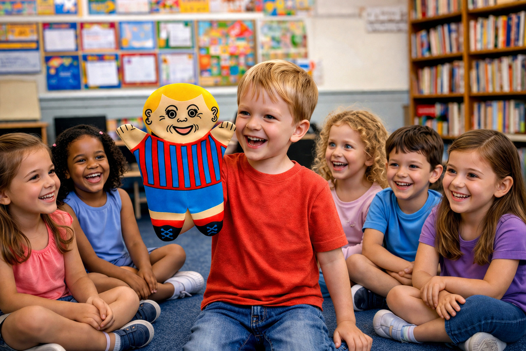 Children sitting on the floor in a classroom with a colorful Happy Hand Puppet.