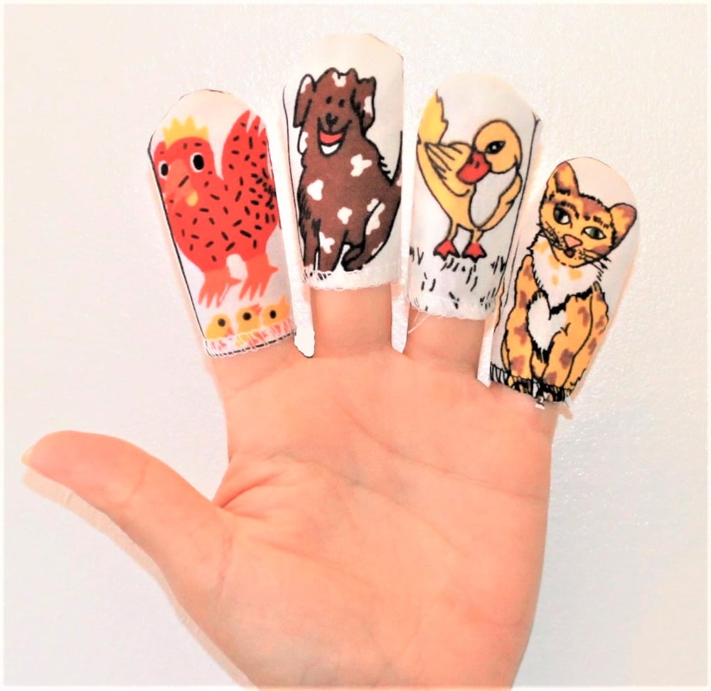"LITTLE RED HEN" + STORY - Set of 4 finger puppets