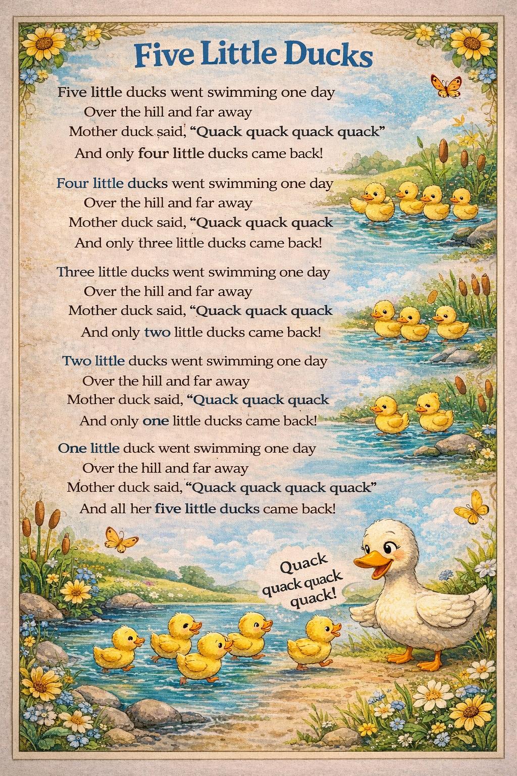 "FIVE LITTLE DUCKS" + STORY - Set of 5 finger puppets