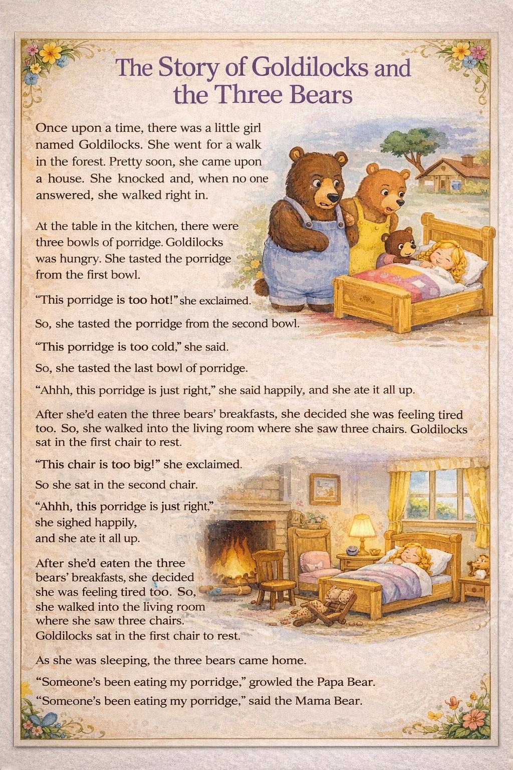 "GOLDILOCKS AND THE THREE LITTLE BEARS" + STORY - Set of 4 finger puppets